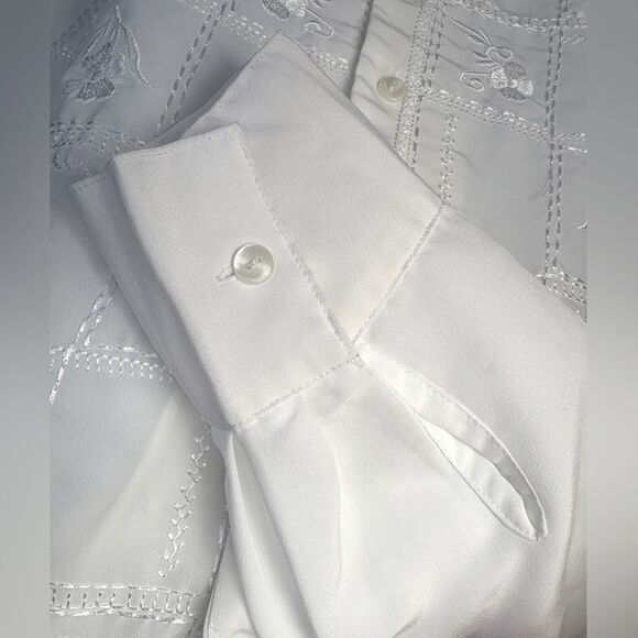True Vintage 1980s Floral Embroidered Grid Longsleeve White Blouse - 14 L - Picture 3 of 7